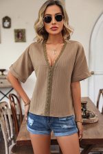 V Neck Patchwork Solid Casual Tops - Image 4