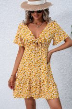 V Neck Floral Print Ruffle Hem Dress - Image 2