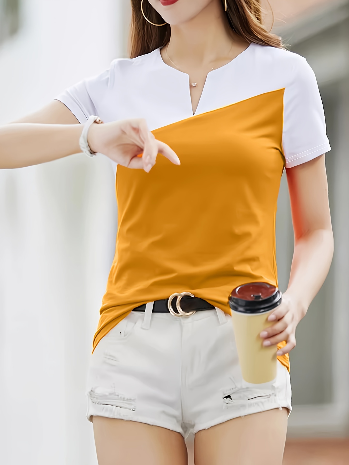 0c28936e-0232-488a-ab6c-5a4d67327615.jpg Color Block Notched Neck T-Shirt, Chic Short Sleeve T-Shirt For Spring & Summer, Women's Clothing - Image 1