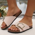Women's Buckle Strap Design Cork Slides, Stylish Open Toe Flat Summer Shoes, Comfy Outdoor Slide Sandals - Image 6