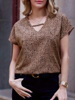 Dalmatian Print V Neck Blouse, Casual Short Sleeve Top For Spring & Summer, Women's Clothing - Image 3