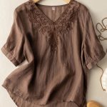 Floral Embroidery V Neck T-shirt, Vintage Half Sleeve Loose T-shirt For Spring & Summer, Women's Clothing