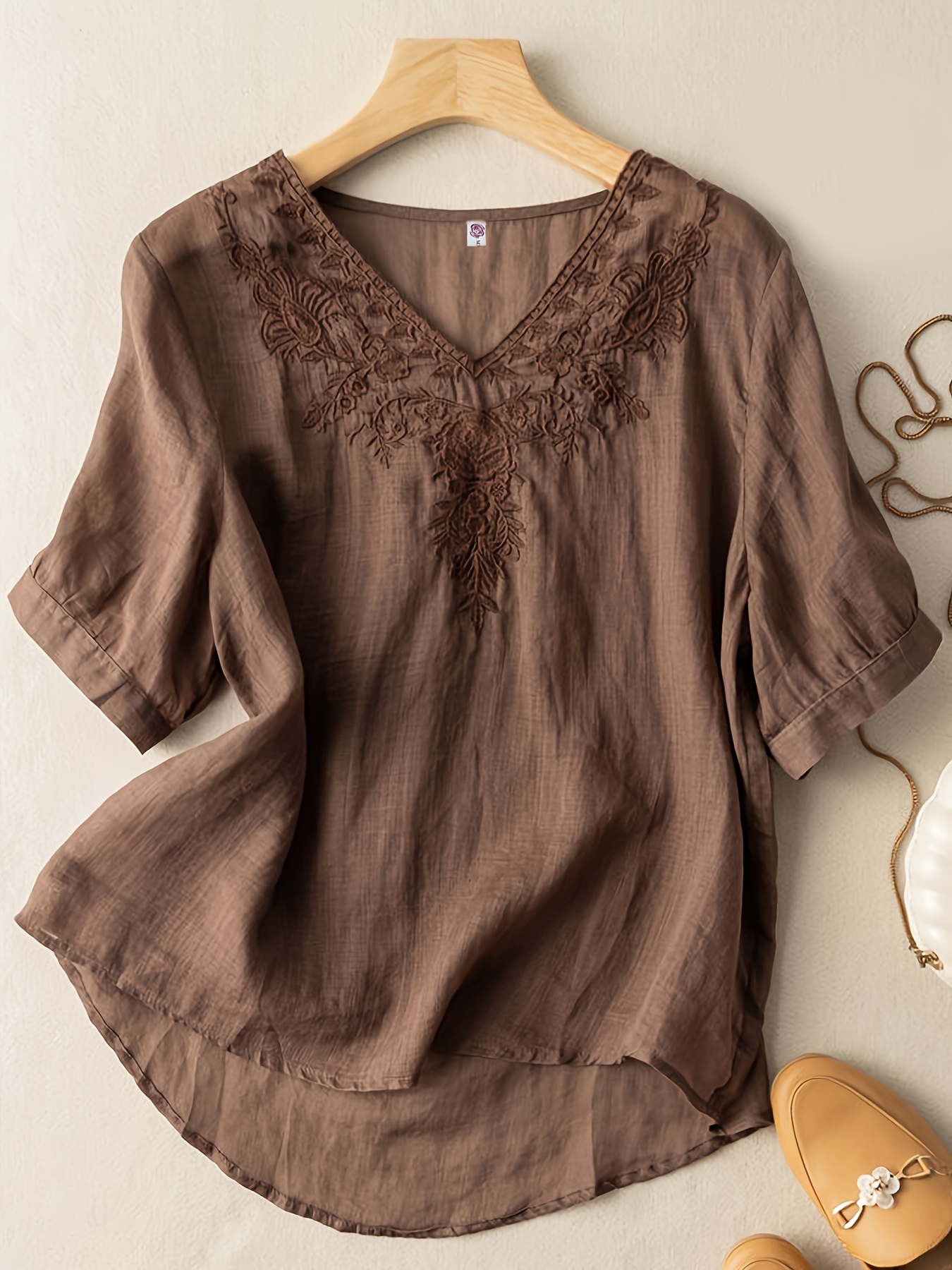 0c3990ca-4227-4687-9a2c-f3e574be229b-2.jpg Floral Embroidery V Neck T-shirt, Vintage Half Sleeve Loose T-shirt For Spring & Summer, Women's Clothing - Image 1
