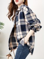 Plaid Print Button Front Blouse, Casual Long Sleeve Blouse For Spring & Fall, Women's Clothing