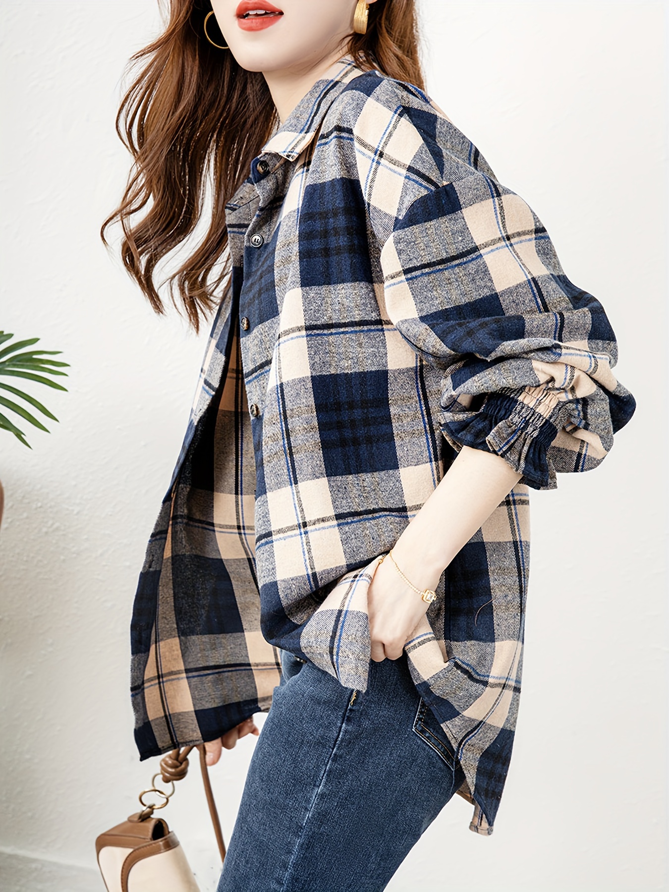 0cca4295363db417f87d20490c29c0b4-1.jpg Plaid Print Button Front Blouse, Casual Long Sleeve Blouse For Spring & Fall, Women's Clothing - Image 1