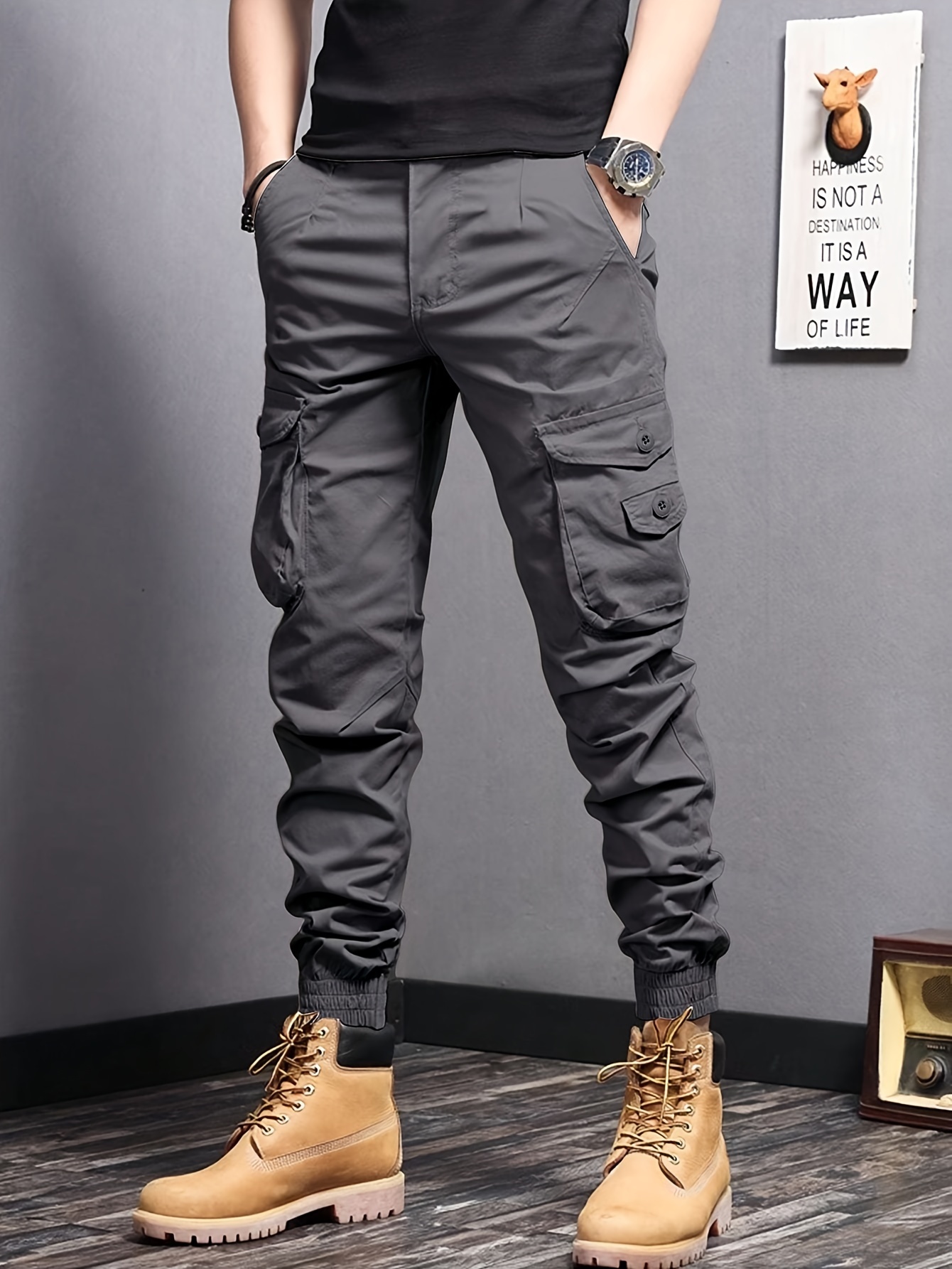 0ce419cd-e06f-4441-8f33-816f6683273d.jpg Men's Casual Tapered Multi Pocket Joggers, Chic Street Style Cargo Pants - Image 1
