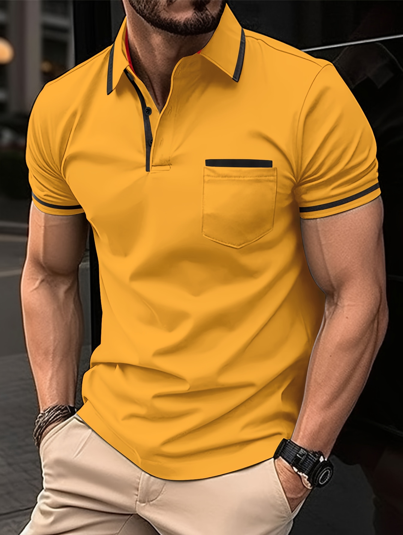 0def2324-029e-4d21-9c3c-cca7581aad5e.jpg Breathable Regular Fit Men's Chic Contrast Binding Short Sleeve Golf Shirt With Chest Pocket For Summer, Men's Clothing - Image 1