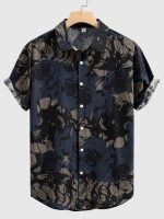 Men's Stylish Loose Cotton Blend Floral Print Shirt, Casual Breathable Lapel Button Up Short Sleeve Shirt For Summer Outdoor Activities