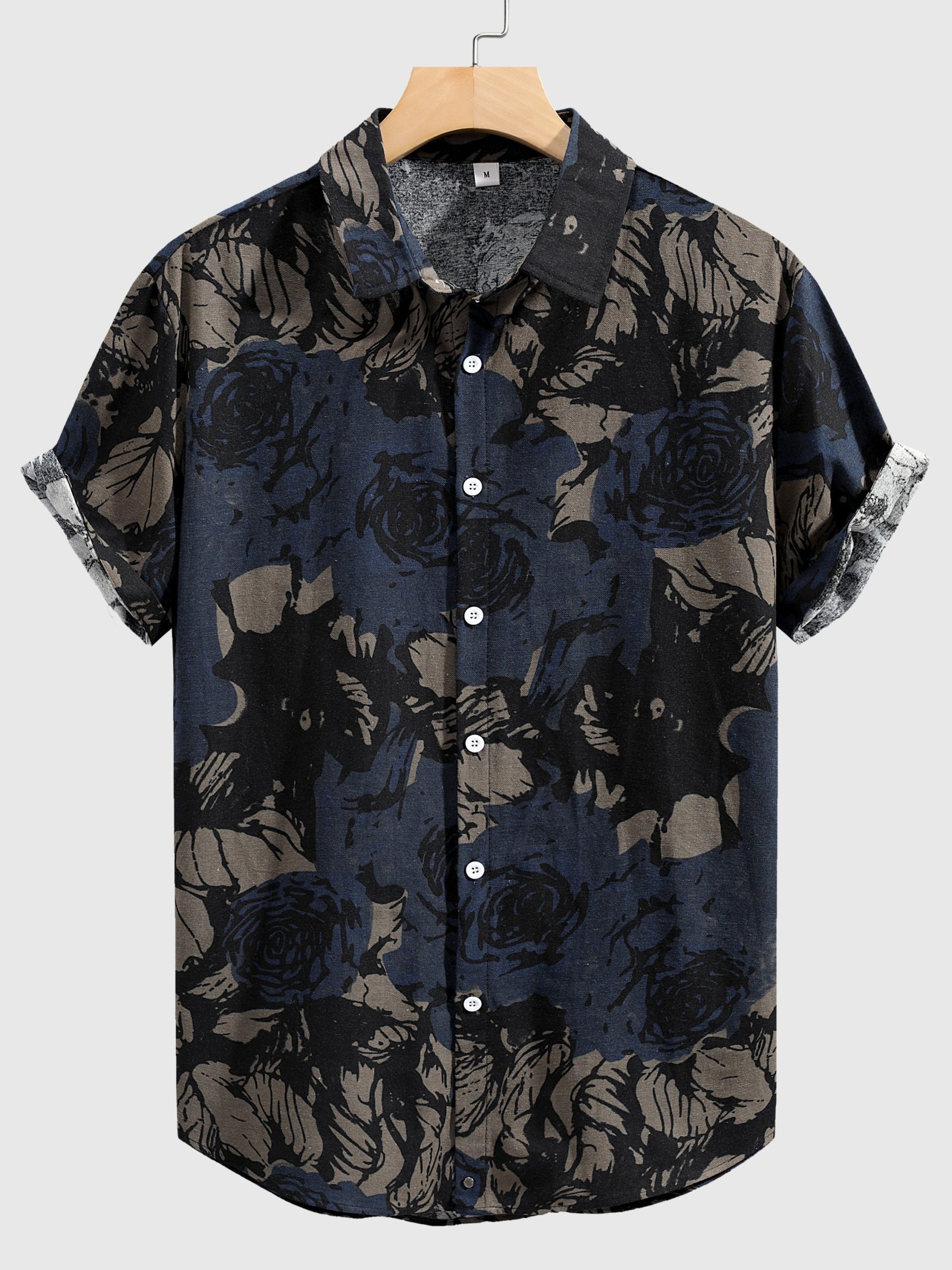 0e85a8354a986a9659754ec1a0e37a38-1-scaled-1.jpg Men's Stylish Loose Cotton Blend Floral Print Shirt, Casual Breathable Lapel Button Up Short Sleeve Shirt For Summer Outdoor Activities - Image 1
