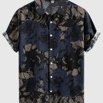 Men's Stylish Loose Cotton Blend Floral Print Shirt, Casual Breathable Lapel Button Up Short Sleeve Shirt For Summer Outdoor Activities