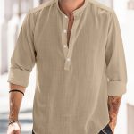 Classic Design Cotton Boat Neck Henley Shirt, Men's Casual Fit Vintage Style Long Sleeve Top For Spring Fall - Image 6