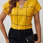 Plaid Print Notched Neck Blouse, Casual Short Sleeve Blouse For Spring & Summer, Women's Clothing - Image 2