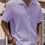 Men's Casual Short Sleeve Black Shirt, Solid Textured Button-Up Classic Lapel Shirt, Summer Fashion Hawaiian Shirt - Image 4