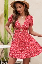 Cute Floral Print O Design V Neck Mini Dress - Image 3