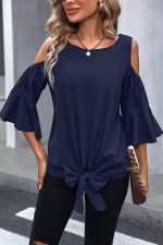 Fashion Knot Front Ruffle Sleeve Casual Tops - Image 4