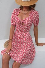 Floral Print Tie Front Short Sleeve Dress - Image 3