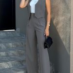 Solid Two-piece Set, Elegant Button Front Vest & Wide Leg Pants Outfits, Women's Clothing - Image 2