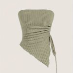 Solid Ribbed Asymmetric Hem Tube Top, Elegant Drawstring Ruched Side Strapless Sleeveless Top, Women's Clothing - Image 3