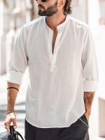 Classic Design Cotton Boat Neck Henley Shirt, Men's Casual Fit Vintage Style Long Sleeve Top For Spring Fall