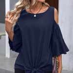Fashion Knot Front Ruffle Sleeve Casual Tops