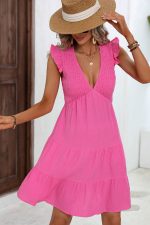 V Neck Solid Smocked Ruffle Hem Mini Dress - Image 3