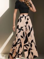 Elegant Two-piece Pantsuits Set, Solid Color Crew Neck T-shirt & Leaf Print Wide Leg Pants Outfits, Women's Clothing - Image 6