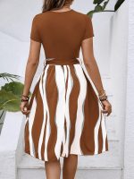 Striped Print Tie Waist Splicing Dress, Versatile Short Sleeve Dress For Spring & Summer, Women's Clothing For Elegant Dressing - Image 8