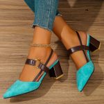 Women's Pointed Toe Block High Heel Sandals, Fashion Solid Color Slingback Shoes, Versatile Mid Heels - Image 5