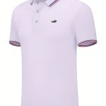 Breathable Embroidered Shirt, Men's Casual Crocodile Pattern Stripe Lapel Button Up Golf Shirt For Summer