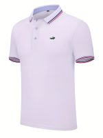 Breathable Embroidered Shirt, Men's Casual Crocodile Pattern Stripe Lapel Button Up Golf Shirt For Summer