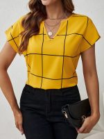 Plaid Print Notched Neck Blouse, Casual Short Sleeve Blouse For Spring & Summer, Women's Clothing - Image 3
