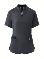 Solid Color Two-piece Scrub Set, Zip Front Short Sleeve Pockets Scrub Top & Drawstring Pants Outfits For Medical & Health Care, Women's Clothing - Image 11