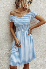 Smocked Chest Bardot Stripe Print Mini Dress - Image 2