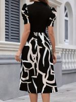 Graphic Print Mock Neck Dres, Elegant Short Sleeve A-line Dress For Spring & Summer, Women's Clothing - Image 4