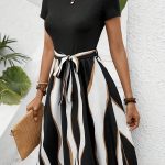 Striped Print Tie Waist Splicing Dress, Versatile Short Sleeve Dress For Spring & Summer, Women's Clothing For Elegant Dressing - Image 3