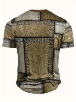 Men's 3D Digital Denim Patchwork Pieces Pattern Print T-shirt With Buttoned Henley Neck And Short Sleeve, Casual And Chic Tops For Summer Outdoors Wear - Image 6