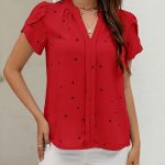 Heart Print V Neck Blouse, Casual Petal Sleeve Blouse For Spring & Summer, Women's Clothing - Image 2