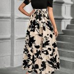 Lace Up Floral Print Splicing Dress, Elegant Crew Neck Short Sleeve Dress For Spring & Summer, Women's Clothing