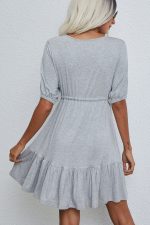 V Neck Drawstring Waist Solid Casual Mini Dress - Image 4