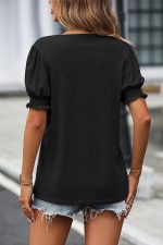 Solid Color V Neck Puff Sleeve Casual Tops - Image 3