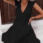 V Neck Solid Smocked Ruffle Hem Mini Dress