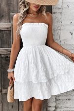 Smocked Chest Bandeau Solid Casual Dress - Image 2