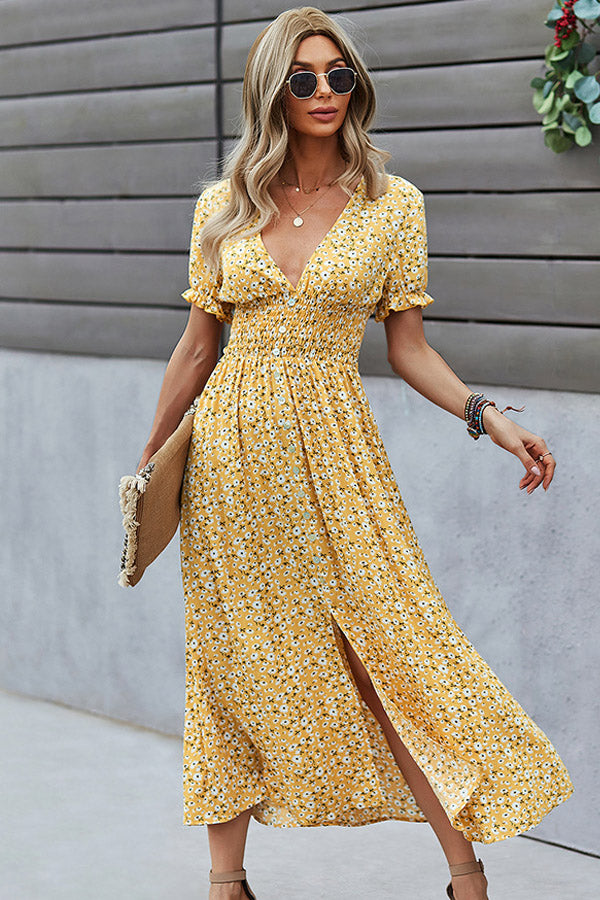 1_5f9453dc-2221-462b-88ac-473c5900b525.jpg V Neck Smocked Chest Floral Print Maxi Dress - Image 1