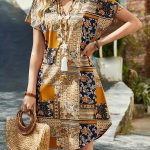 Patchwork Print Curvy Hem Dress, Vacation Short Sleeve Notched Neck Dress, Women's Clothing