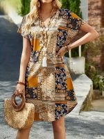Patchwork Print Curvy Hem Dress, Vacation Short Sleeve Notched Neck Dress, Women's Clothing