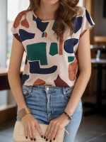 Graphic Print Crew Neck Blouse, Casual Short Sleeve Blouse For Spring & Summer, Women's Clothing