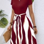 Striped Print Tie Waist Splicing Dress, Versatile Short Sleeve Dress For Spring & Summer, Women's Clothing For Elegant Dressing - Image 7