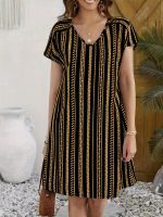 Striped V-neck Dress, Vacation Style Short Sleeve Shift Dress For Spring & Summer, Women's Clothing - Image 7