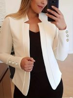 Solid Open Front Blazer, Casual Long Sleeve Button Blazer For Office & Work, Women's Clothing