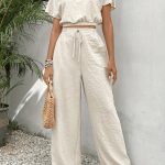 Solid Color Summer & Spring Casual Two-piece Set, Batwing Sleeve Crop Top & Tie Front Pants Outfits, Women's Clothing